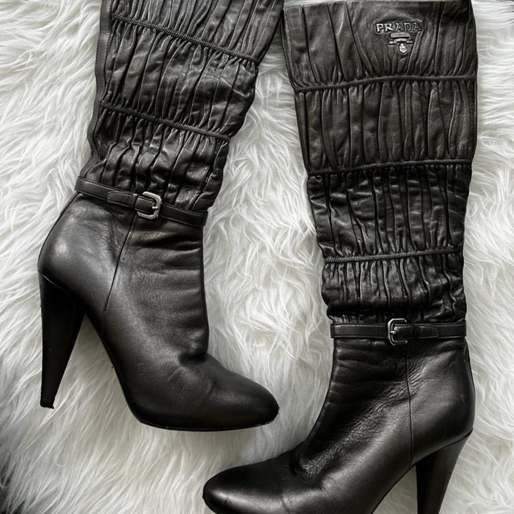 PRADA Black Ruched Leather High Heel Boots